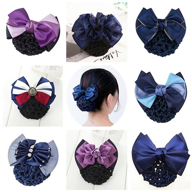 Nurse Stewardess Hair Accessories Bowknot Stripe Net Bun Hair Cover Women Barrette Net Bun Crochet Net Bun Snood