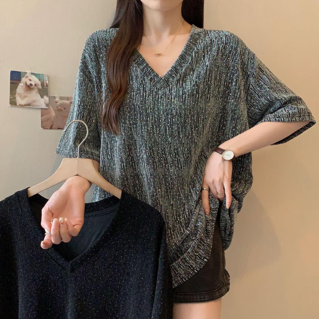 Women's Plus Size V-Neck Slit Short-Sleeve T-Shirt - Summer 2026 Stylish Loose Fit
