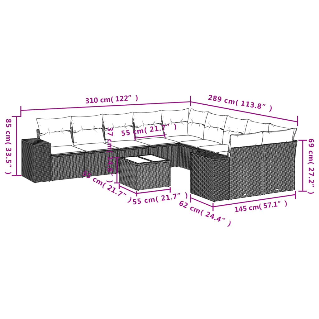 Vidaxl 11-Cz. Set da Giardino, Cuscini Rattan Nero Pe