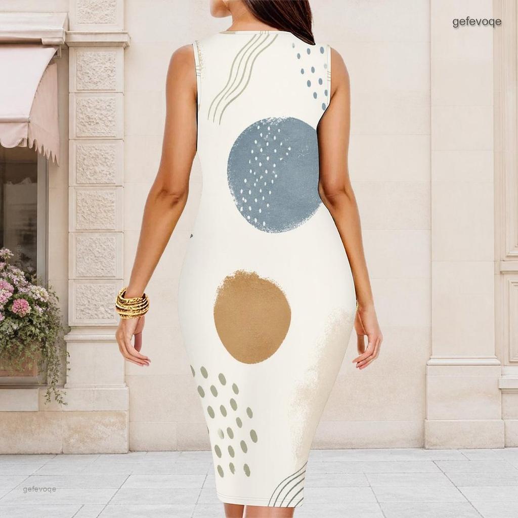 Women Plus Size Round Neck Sleeveless White Blue Printed Bodycon Midi Dress
