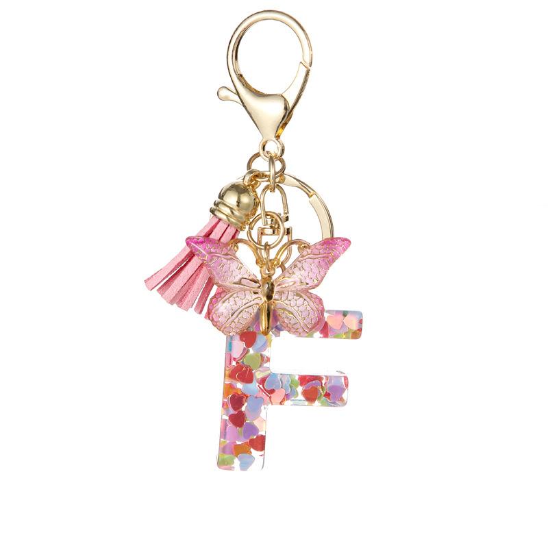 Pink Glitter Resin 26-Letter Keychain Butterfly Tassel Accessory Retro Durable Bag Charm Practical Gift For Girlfriend Best Friend