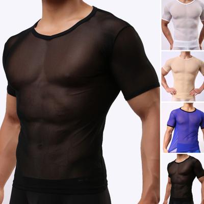 Pullover Top Crew Neck Dressing Up Slim Fit Men Sexy Fitness Mesh Tops Streetwear