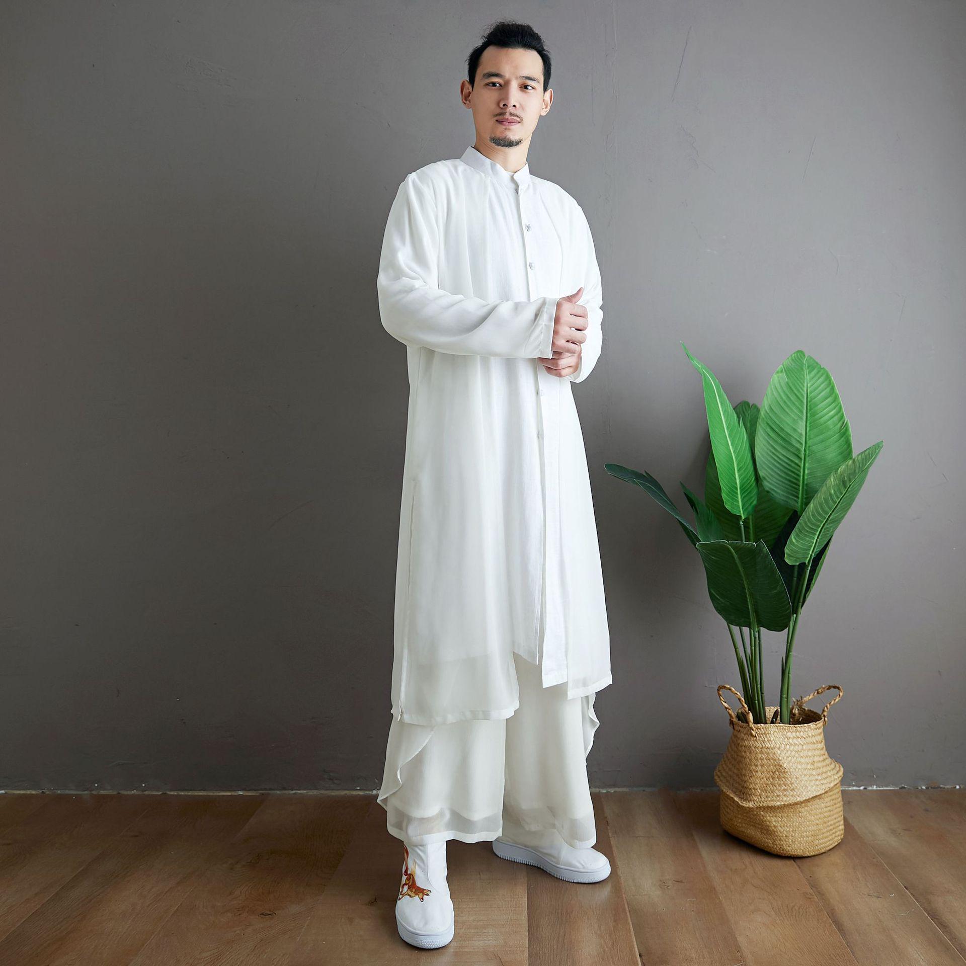 

Мужская белая рубашка из хлопка и льна в китайском стиле со стойкой XL (70-90 kg) белый