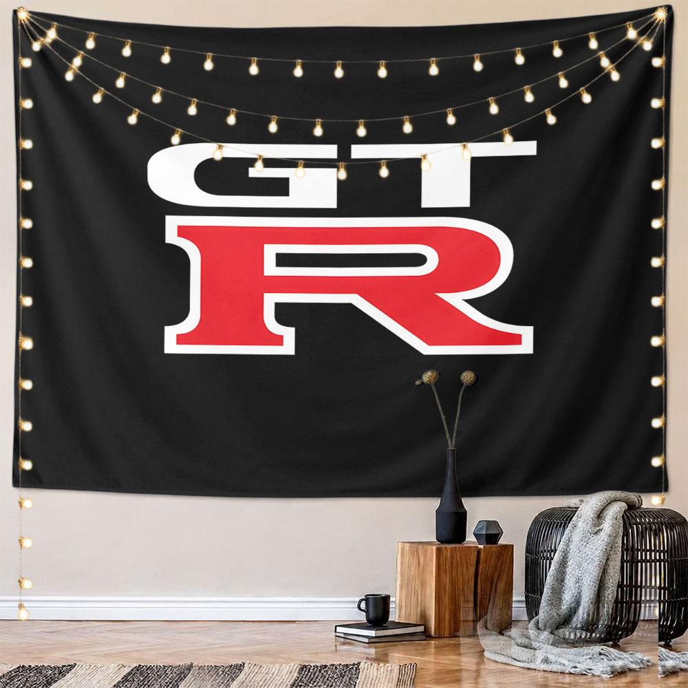 GT-R Logo Design on Black Background Pattern Wall Hanging Tapestry Decorative Tapestry Home Decor for Bedroom and Living Room