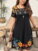 Europe, America, large size plant flower print, fashionable and elegant round neck short-sleeved dress, women's large size thin dress