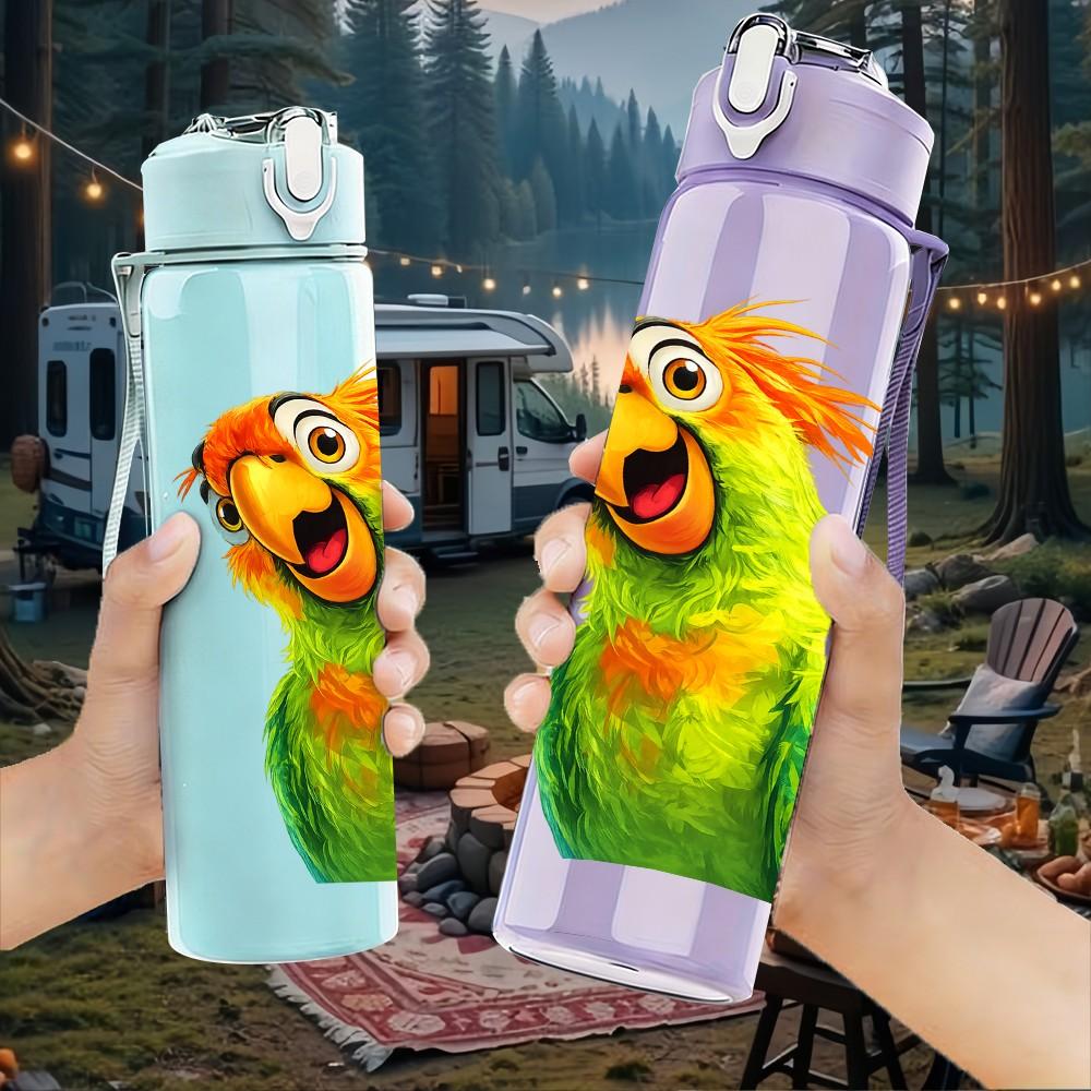 1PC Bright Green Parrot Bird Cartoon Print 750ml Color Plastic Sports Water Bottle Leakproof Flip Straw Lid Suitable for Sports Office Home Use