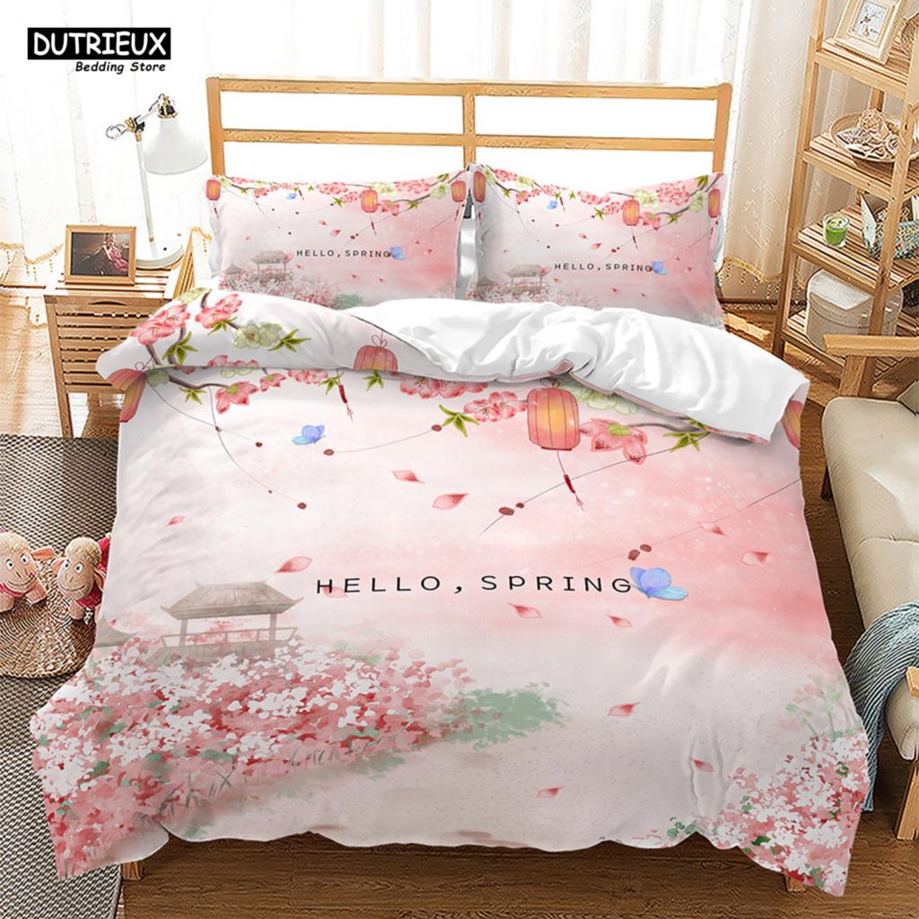 Comforter Charming Spring - Inspired Pink Floral Japanese Cherry Blossoms Bedding Set For Girls - With Comforter (quilt)-EU Single(135*200cm)3pcs