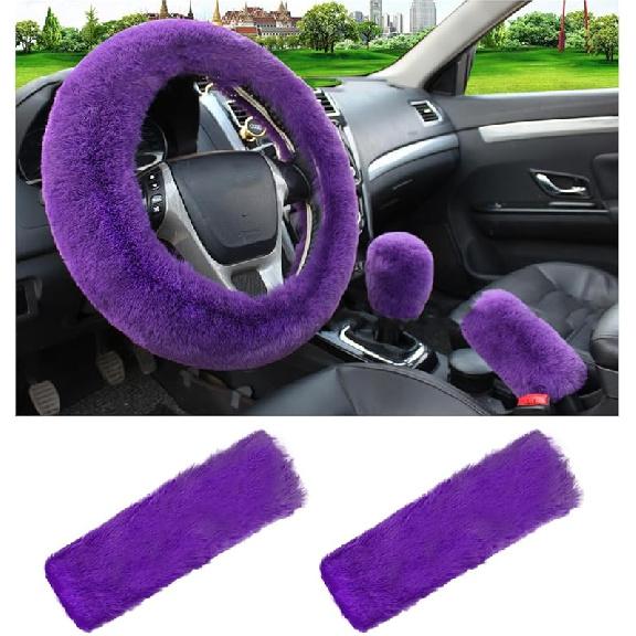 5 PCS Fluffy Steering Wheel Covers Set, Faux Wool Steering Wheel Cover & Handbrake Cover & Gear Shift Cover & 2 Seat Belt Shoulder Pads, Universal
