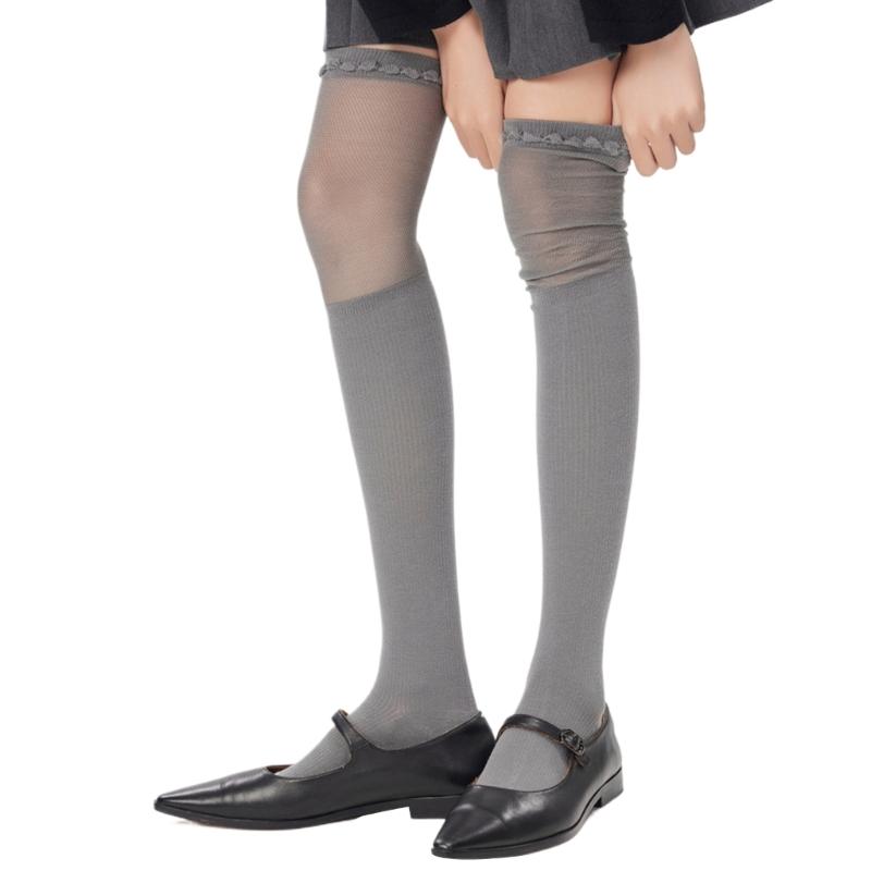 Solid Color Stretch Ruffle Trim Over Knee Long Socks for Women Japanese Student Sheer Mesh Splicing Thigh High Stockings
