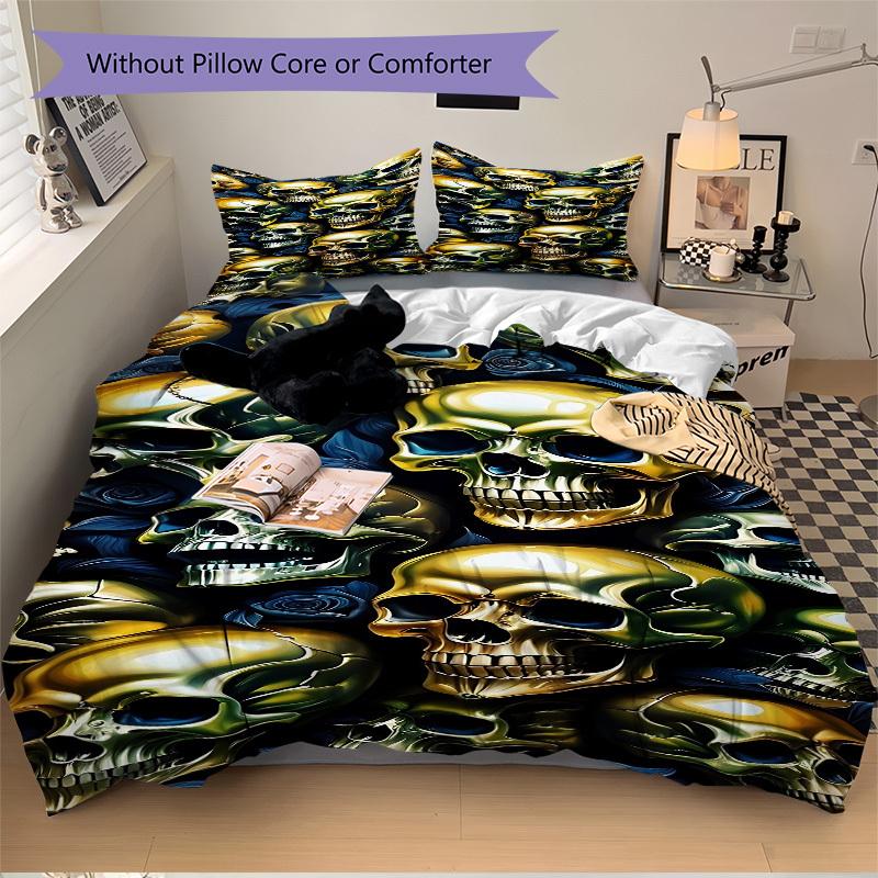 3pcs bedding set Skull Roses Includes 1 Comforter + 2 Pillowcases, Without Pillow Inserts, Soft Comfortable, Lightweight Breathable, Printed