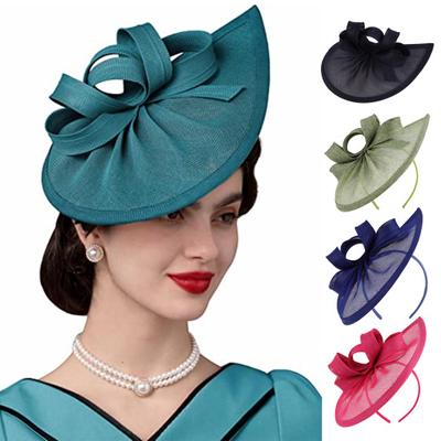 Bowknot Decor Elegant Fascinator Hat with Hair Hoop Sweet Noble Decorative Anti-fall Retro Imitation Flax Bridal Pillbox Hat Hair Accessories
