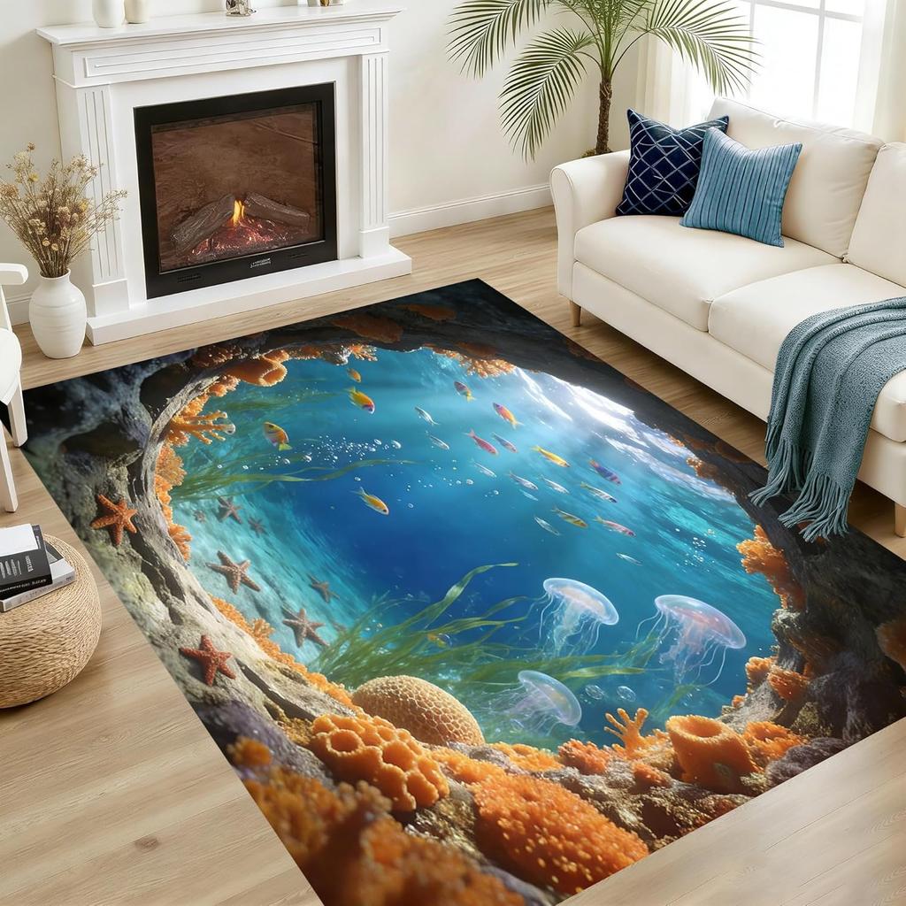2D Waterfall Landscape Area Rug Realistic Forest Creek Nature Scenery Floor Mat Soft Non-Slip Home Decor Carpet for Living Room