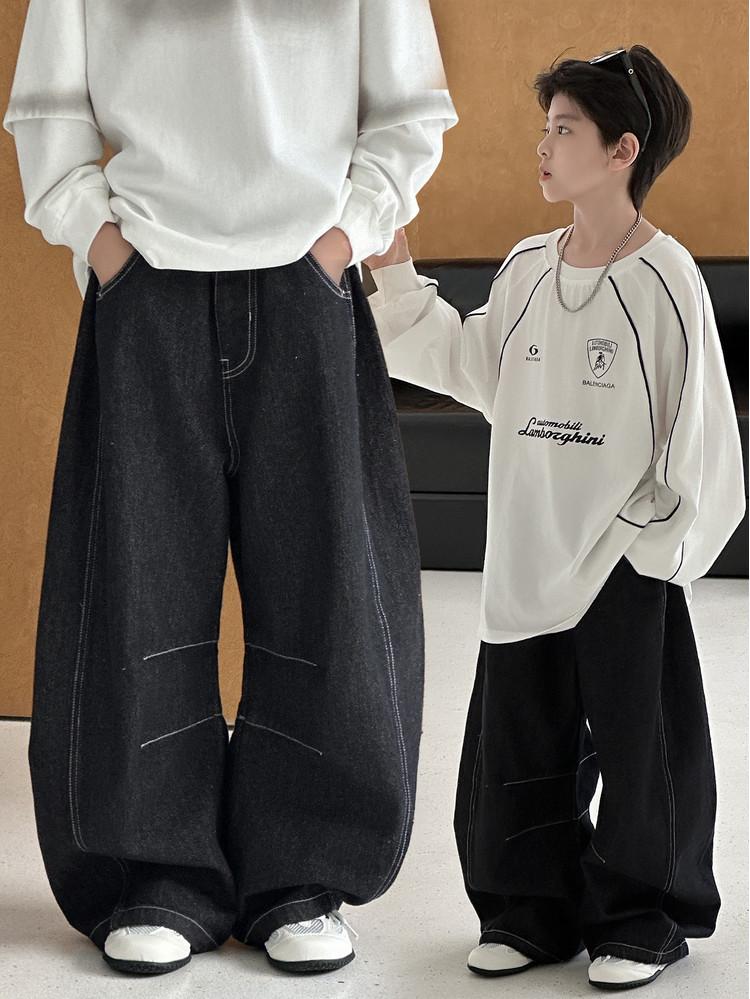 2025 Autumn Boys' American Trend Raw Denim Slimming Jeans - Loose, Straight Leg Pants