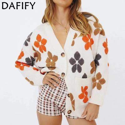 Damenmode Lässig Herbst Winter Blumenmuster Druck Langarm V-Ausschnitt Pullover