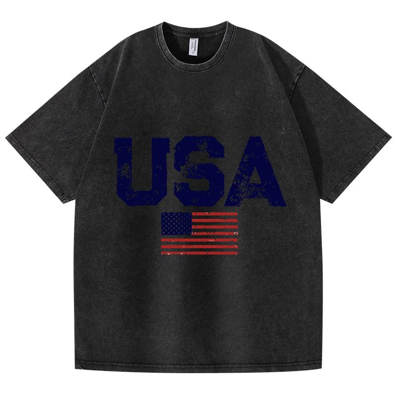Retro Washed Vintage T-shirt Usa Letters American Flag Stars And Stripes Mens Clothing Loose T-shirt Autumn Pullover T-shirt