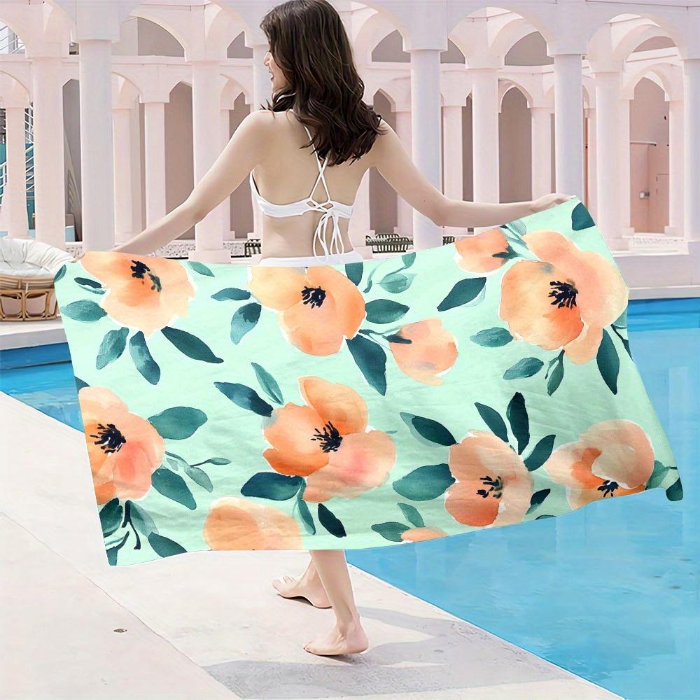 1pc Floral Beach Towel - Quick-Dry Microfiber,Lightweight & Absorbent, Vibrant Orange & Green Floral Design, Compact Travel Pool