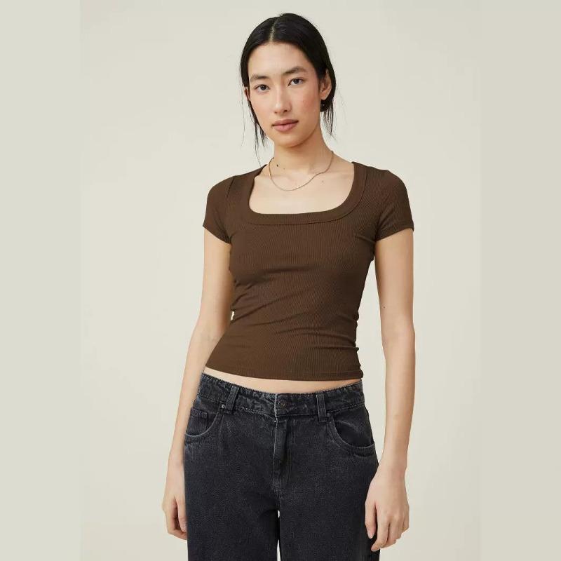 Y2K Summer Short Sleeve Slim Fit Crop T-shirts Women Fashion New Square Neck Elegant Casual T shirts Tops Simple Office Ladies Base Tee Shirt 26505