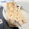 New Chinese Style Floral Pleated Midi Skirt