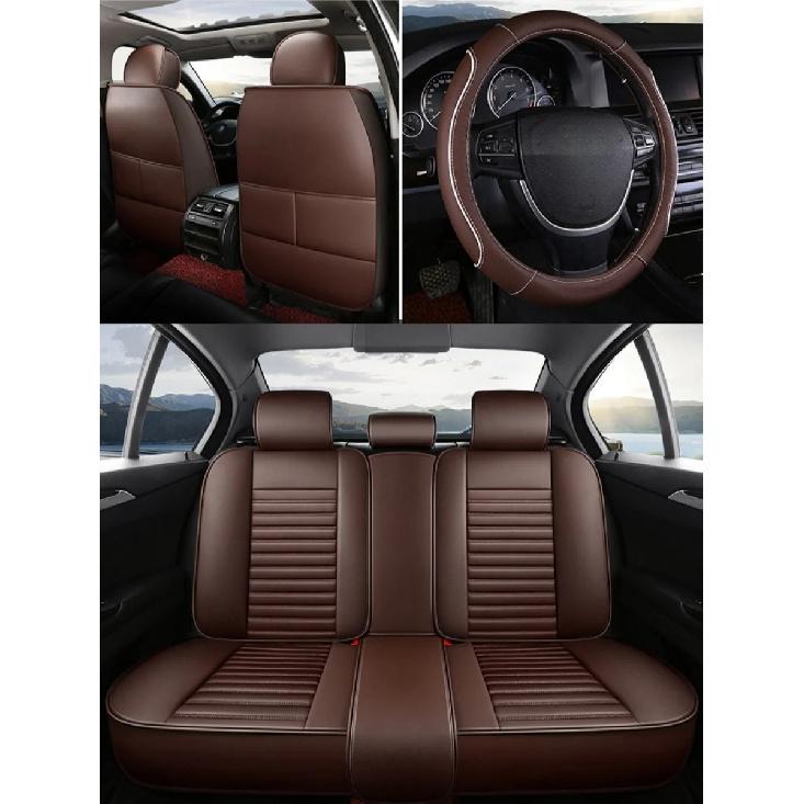 Deluxe 5-Sitzer PU-Leder Auto-Sitzbezüge mit integrierter Lendenwirbelstütze - 2 Kopfstützen & Lenkradabdeckung, Verschleißfest