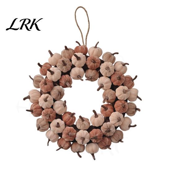 Artificial Pumpkin Vine Velvet Wreath Door Hanger, Fall Thanksgiving Garland, Rustic Fluffy Autumn Harvest Decor for Entryway Window, Farmhouse