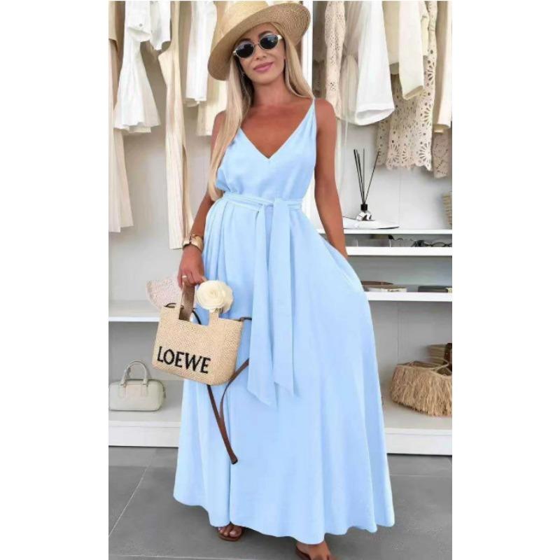 DAFIFY Women's Fashion Summer Spring Solid Color Print Sleeveless V-Neck Loose Waistline Casual Dresses