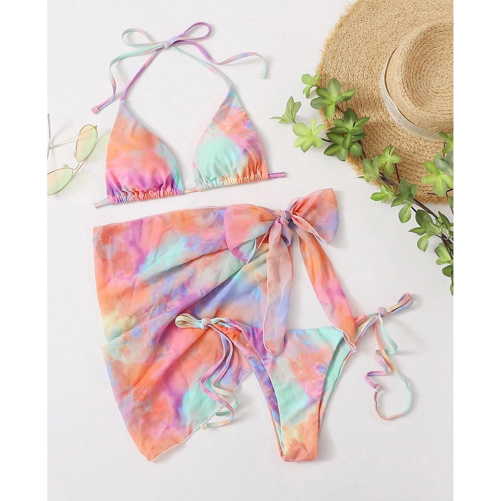 

Женский худой сексуальный красочный шифоновый костюм-тройка с принтом тай-дай, бикини с принтом тай-дай