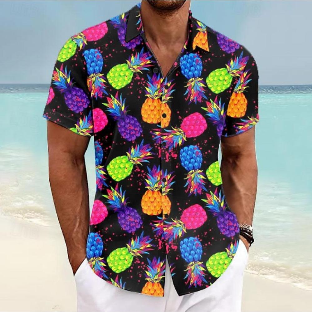 Herren Hemd Ananas 3D Druck Hemd mit Knöpfen Freizeithemd Sommerhemd Kurzarm Tägliche Urlaubsbekleidung