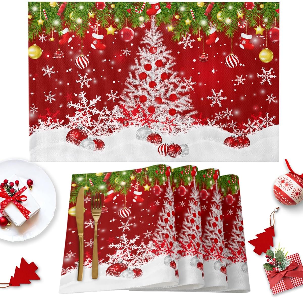 

Christmas Red Placemats 4pcs Winter Gnomes Cardinals Table Mats Washable Stain-Resistant for Party Dining Room Kitchen Decor 4pcs