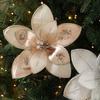 Sequins Artificial Poinsettia Flower Pick Three-Layer Cloth Flowers Faux Magnolia Xmas Stem Sparkling Lifelike