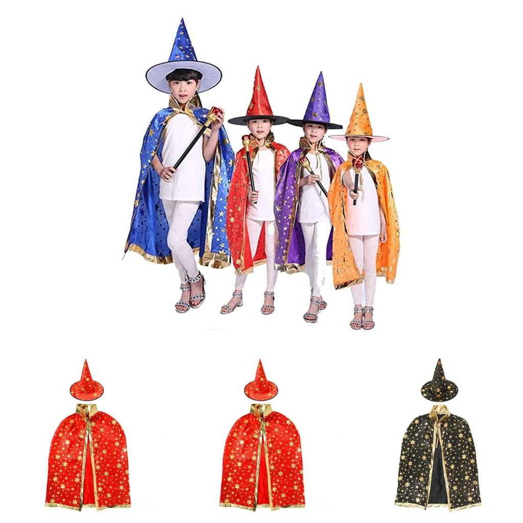 Dětský kostým kouzelníka na Halloween s pláštěm a kloboukem se vzorem hvězd