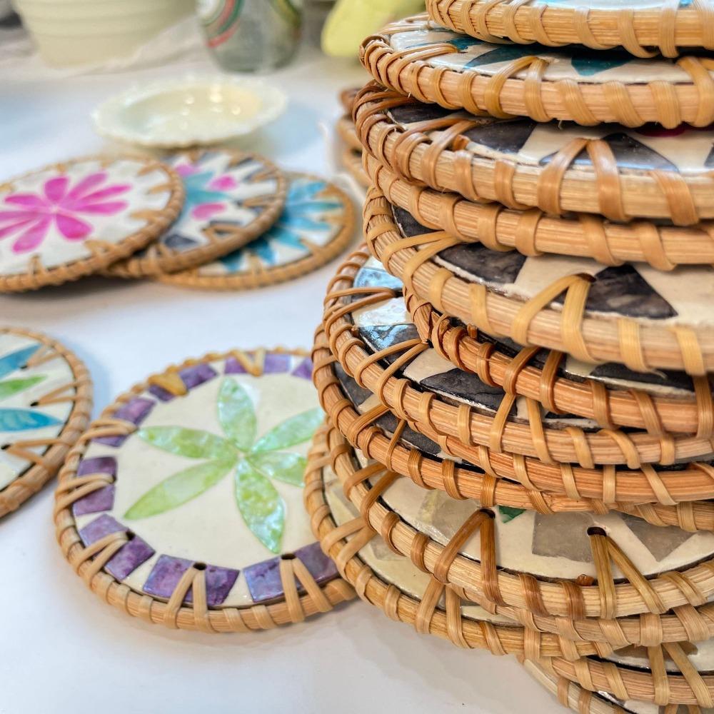 Colorful Seashell Cup Mat 10cm Coaster Insulation Pad Rattan Shell Cup Mat  Kitchen