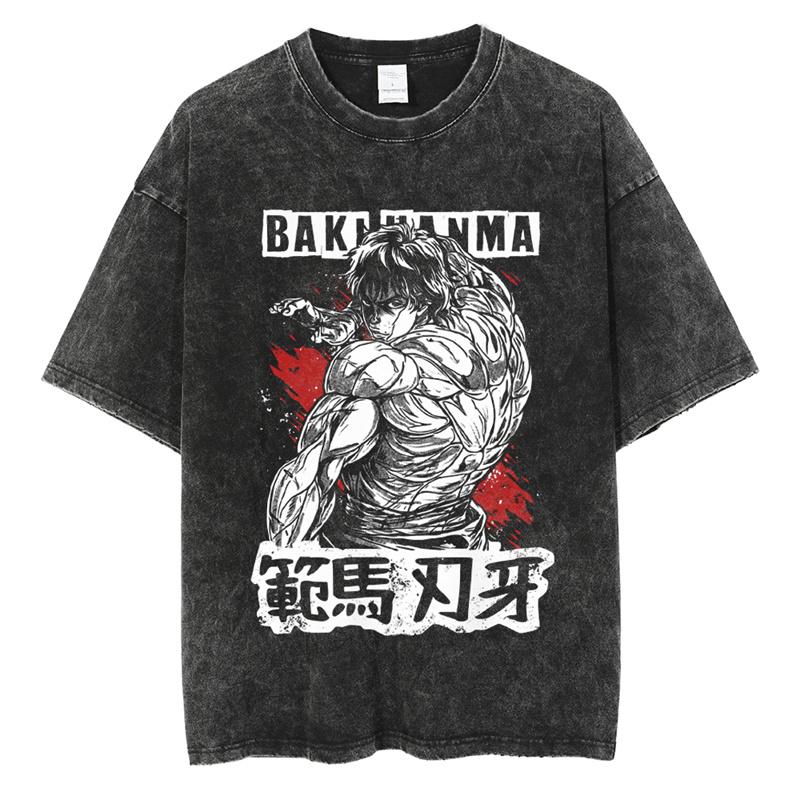 Baki Print Vintage Cotton Tees For Men Women Summer Casual Tshirt Tees Gym Workout Training Short Sleeve Tops Outfits