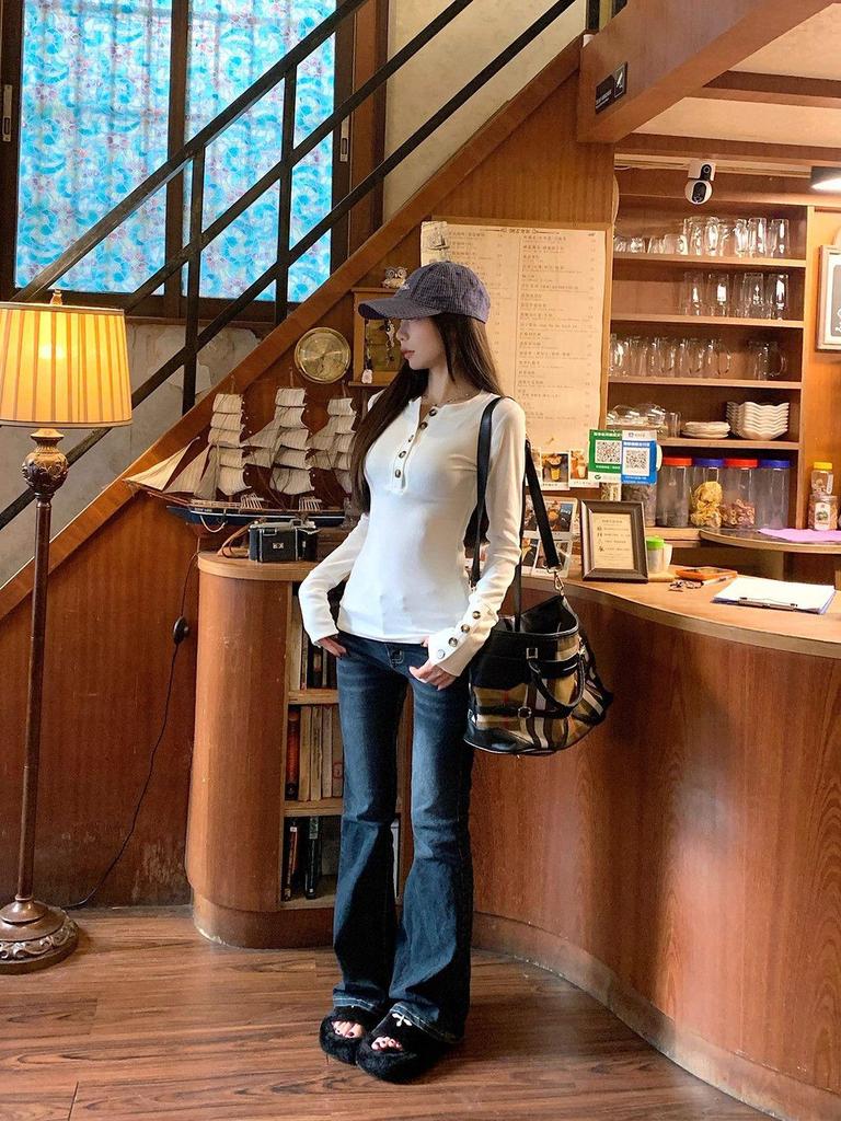 Women's Korean Style Henry Collar Button Long Sleeve Slim Fit T-shirt - Autumn/Winter Waist Cinched Sweet Spicy Girl Top