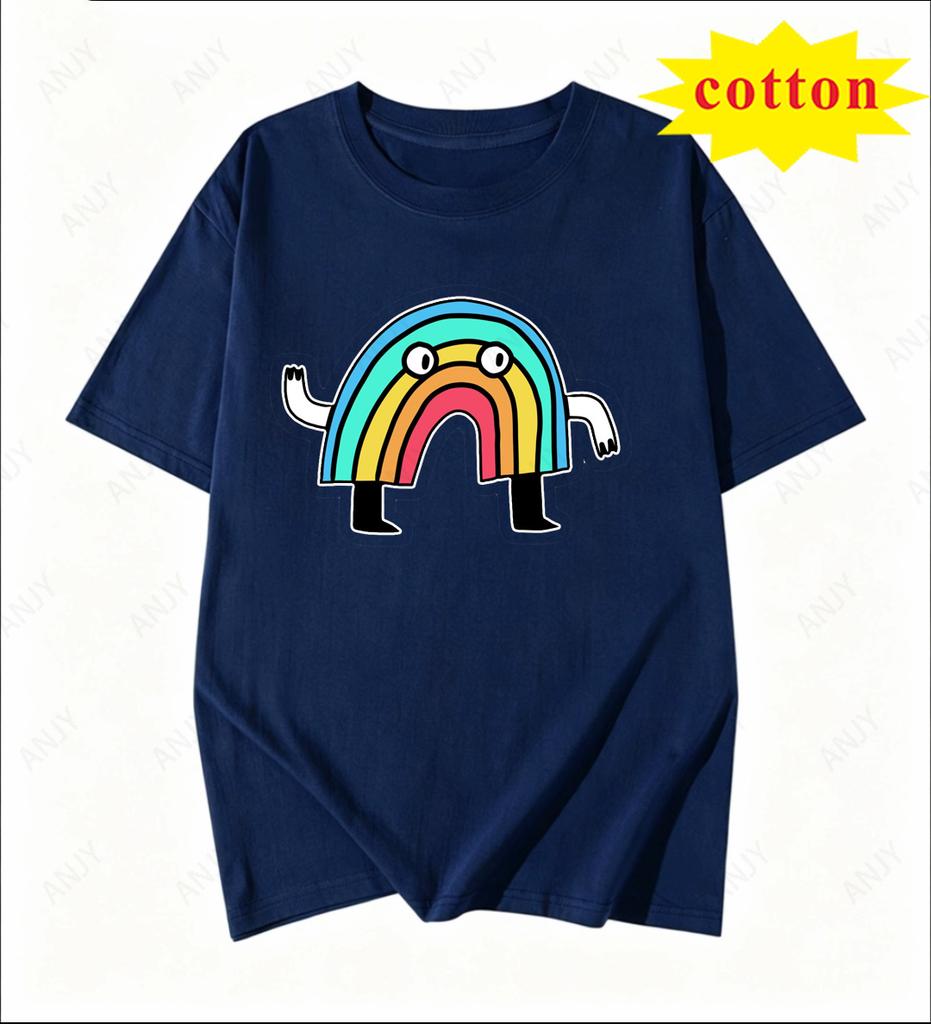 Fun Cartoon Rainbow Unisex Print Tshirt Pure Cotton Loose Short Sleeve Unisex Summer Casual Top