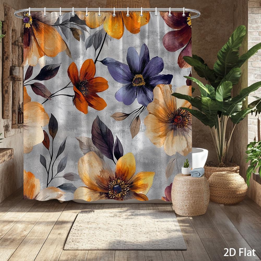 Modern Botanical Shower Curtain – Orange Yellow Purple Floral Design, Boho Farmhouse Decor, Machine Washable, 59X70.8In
