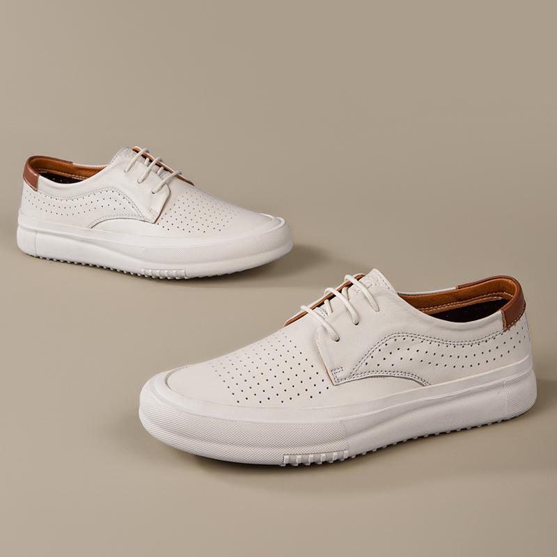 Fashion High Quality Leather Casual Shoes Massage Soles Hollow Breathable Men's Oxford Shoes White Versatile Men's Outdoor Sports Shoes