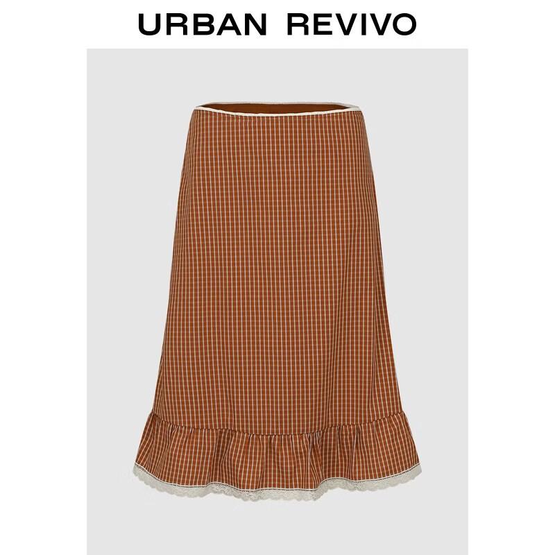 UR2026 Women s High-Waist Plaid Lace Hem Skirt XL