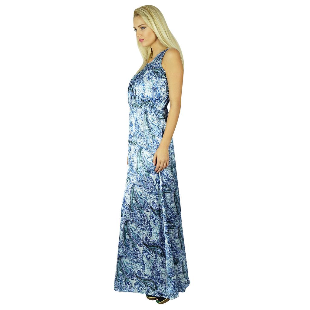 Bimba Women Long Satin Maxi Smocked Waist Sleeveless Dress Boho Gown