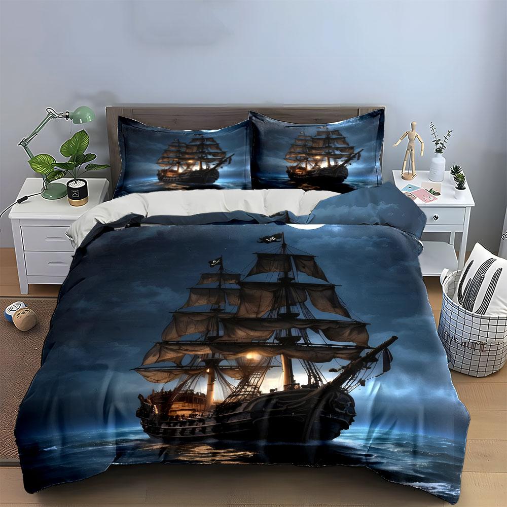 Pirate Ship Night Canvas Art Soft Comfortable Duvet Cover Bedding Set Included 1*Duvet Cover & 2*Pillowcases, Gift