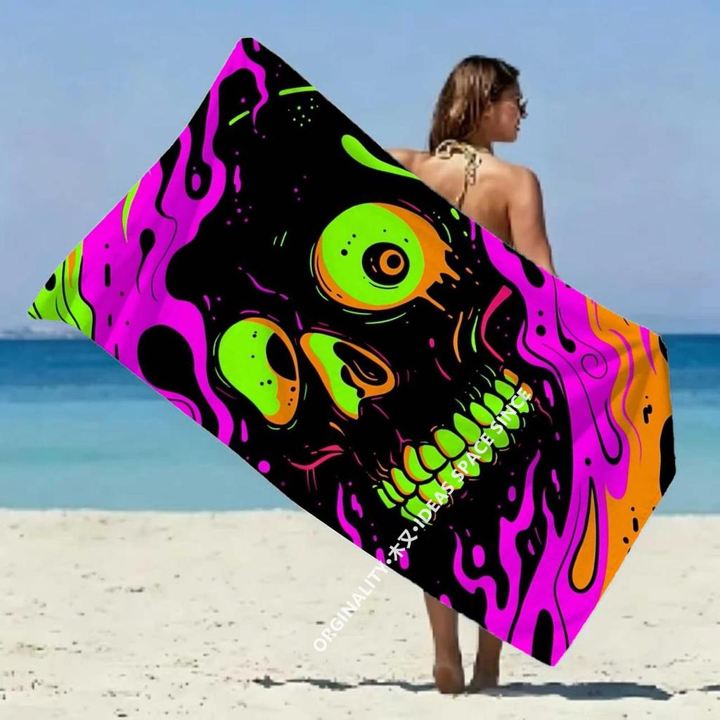 Neon Psychedelic Skull Beach Towel Patterned Sunscreen And Windproof Suitable For Swimming Pool Camping Travel