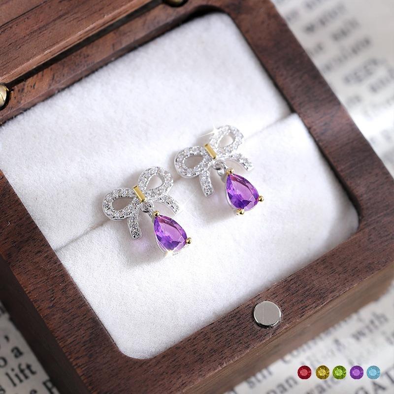 S925 Sterling Silver Sweet Cool Wind Natural Crystal Stone Stud Earrings Bow Simple Temperament Love Earrings Women Jewelry Gift