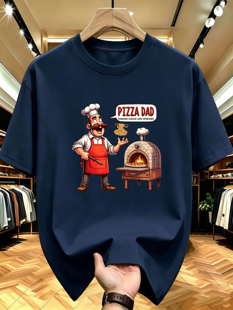 Unisex O Neck Tee Funny Pizza Dad Chef Cartoon Print Cotton Short Sleeve Loose Summer Street Breathable Daily Casual Basic Wear Top