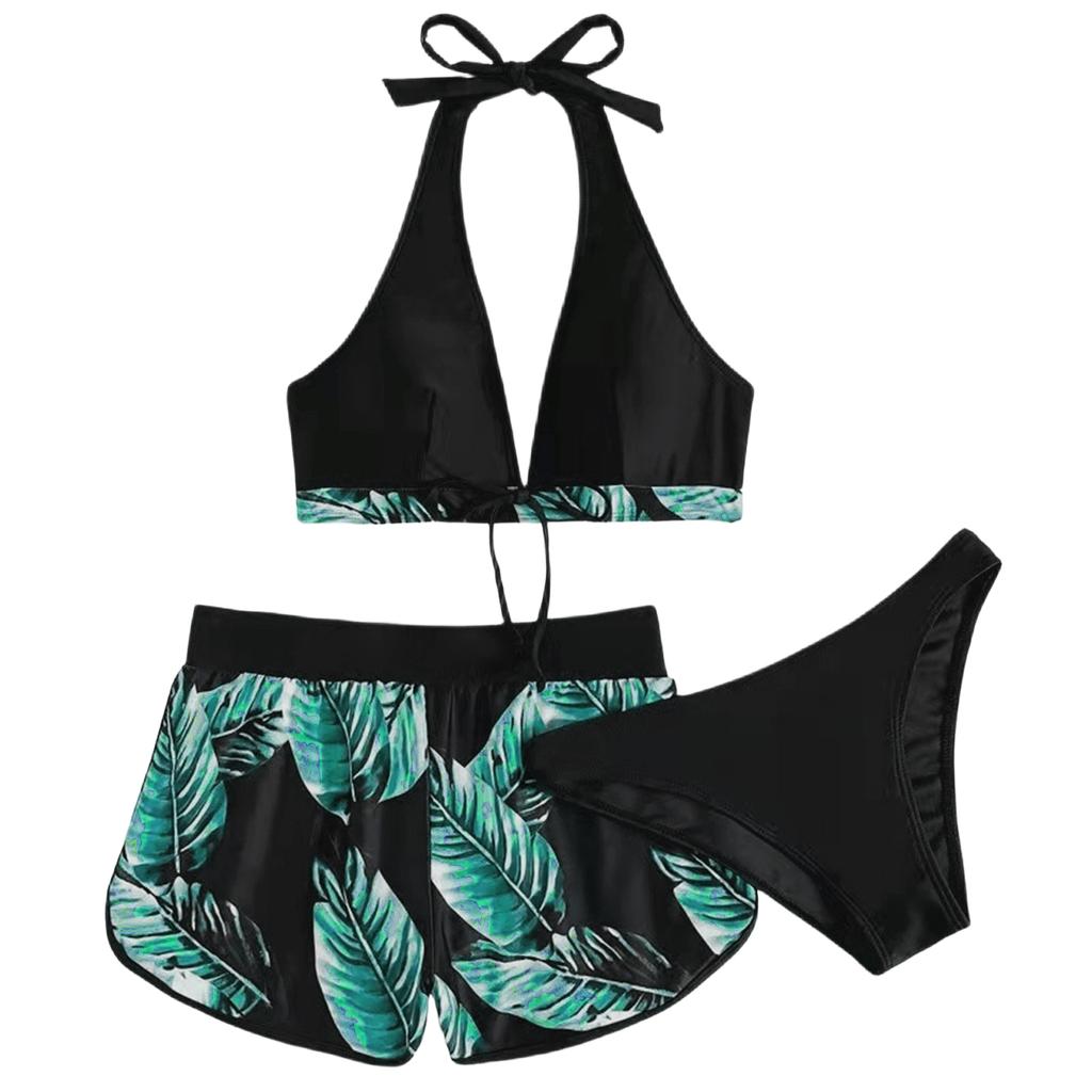 Ladies' Leaf Print Fashionable And Sexy Bikini Three Piece Swimsuit Set