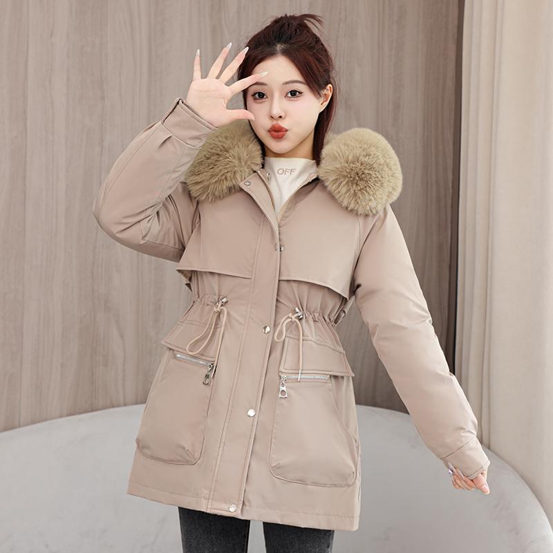

Осень-зима, утепленная теплая парка, женская повседневная милая однотонная Свободная куртка с капюшоном и большим карманом, верхняя одежда M хаки