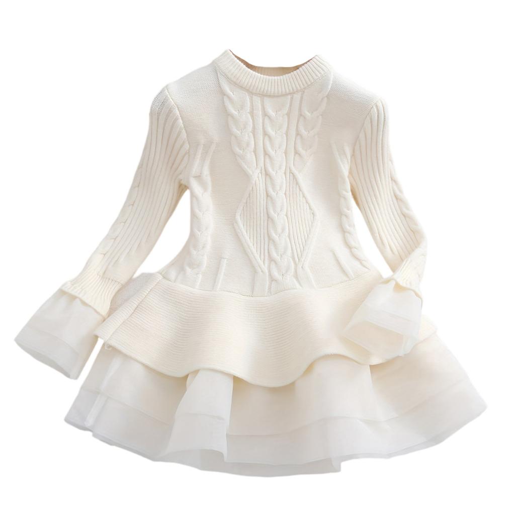 Girls' Fashion Long-Sleeved Shirt Collar Patchwork Tiered Skirt Colour Dress