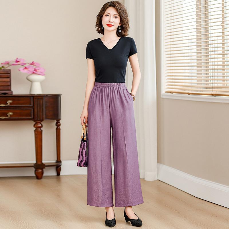 Plus-size women's wide-leg pants 2026 summer new style for mothers, fashionable, loose, slimming, high-waisted, drapey, thin, casual cropped pants