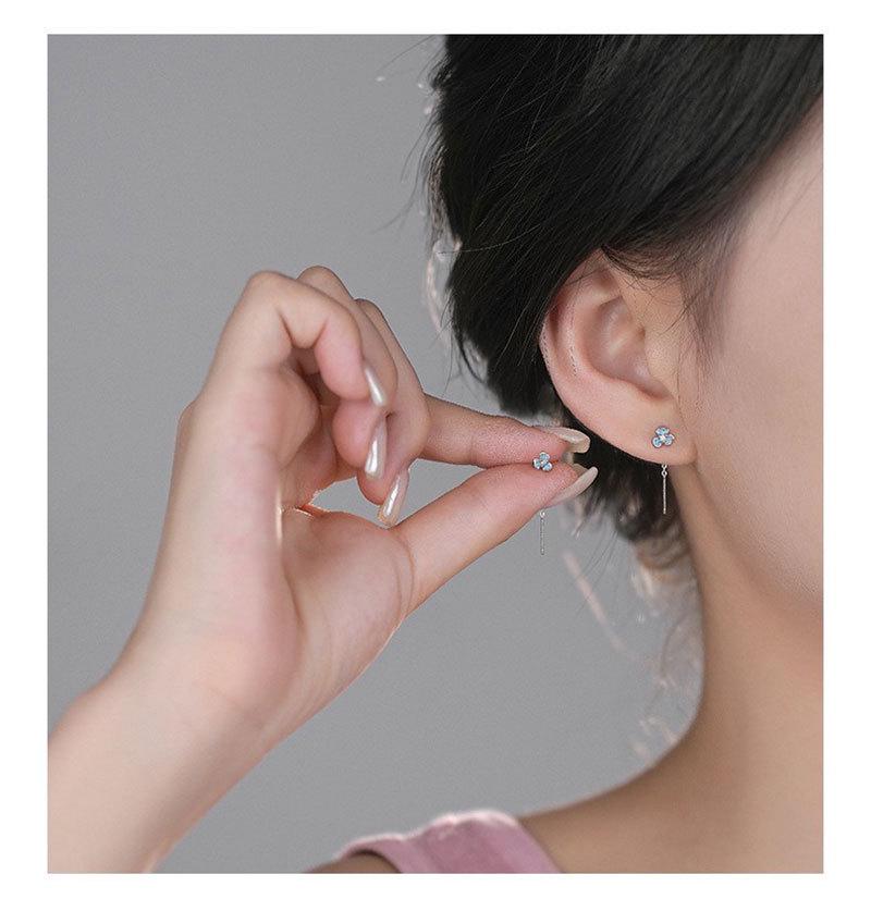 S999 Pure Silver Iris Ear Thread Earrings with Blue Zircon Flower Design