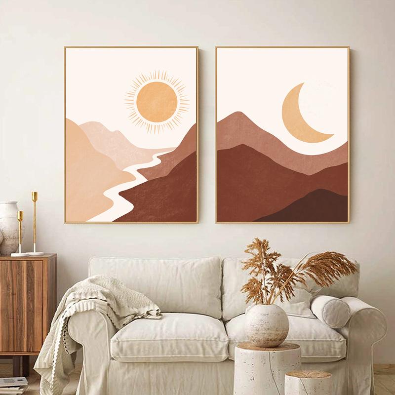 Abstract Landscape Wall Art  Sun Moon Canvas Painting Nordic Poster Mountain Texture Wall Pictures for Living Room Boho Decor