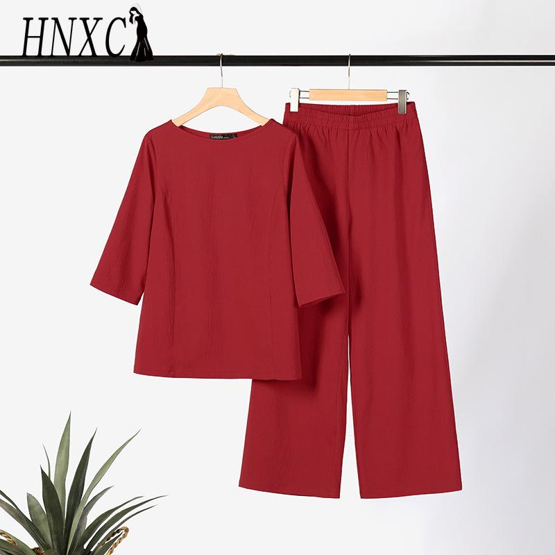 HNXC Big Size Women's Solid Colour Vintage Pants Suit Cotton Linen Casual Long Sleeve Loose Cotton Suit