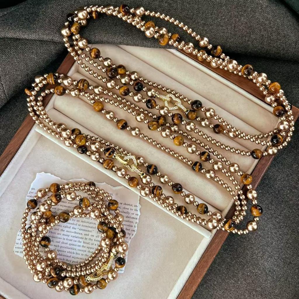 Maillard High Gloss Perfect Round Artificial Crystal Pearl Natural Tiger'S Eye Necklace Clavicle Chain Sweater Chain